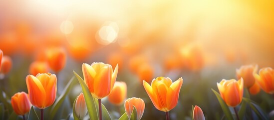 Poster - Orange tulips in soft focus against a natural backdrop appearing beautiful