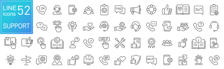 Fototapete - Help, Customer Service and Support - Outline Icon set. Thin Line icons contains such Icons as Online Help, Helpdesk, Quick Response, Feedback, online assistant, reference book, etc. Simple web icons