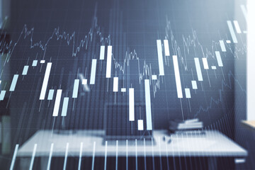 Poster - Double exposure of abstract creative financial chart and modern desktop with laptop on background, research and strategy concept