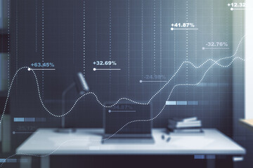 Poster - Abstract creative stats data concept and modern desktop with computer on background. Multiexposure