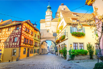 Plonlein and Kobolzell Gate of Rothenburg ob der Tauber with brick road, Germany