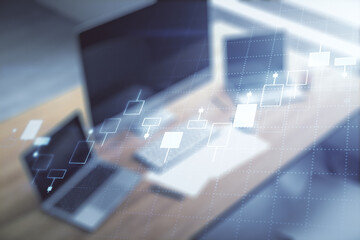 Aufkleber - Double exposure of abstract creative financial diagram and modern desk with computer on background, banking and accounting concept
