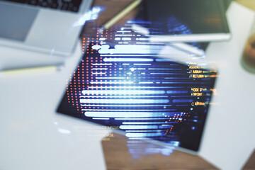 Aufkleber - Double exposure of abstract creative programming illustration with world map and modern digital tablet on background, big data and blockchain concept