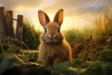 a furry rabbit on the grass under sunset light