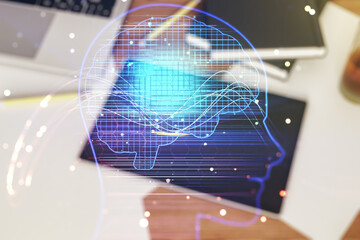 Poster - Double exposure of creative human head microcircuit and modern digital tablet on background. Future technology and AI concept