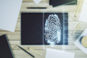 Poster - Double exposure of abstract creative fingerprint hologram and digital tablet on background, top view, research and development concept