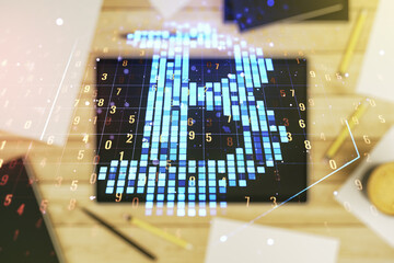 Aufkleber - Creative Bitcoin concept and modern digital tablet on desktop on background, top view. Double exposure