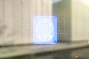 Aufkleber - Abstract virtual fingerprint hologram on blurry modern office building background. Multiexposure