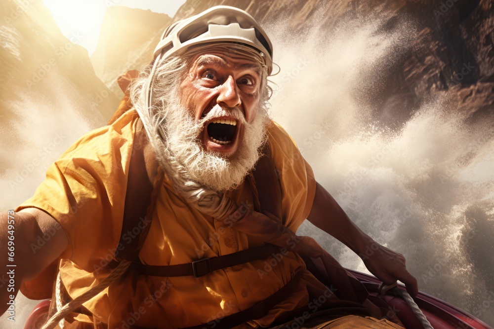 Photo Stock Arabic Male Elderly Whitewater Rafting Downstream Setting ...