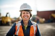 © Adriana - Smiling woman working on a construction industry, construction hard hat and work vest, toothy smile, middle aged or older,