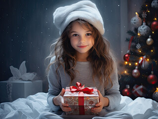 Wall Mural - girl with christmas gift