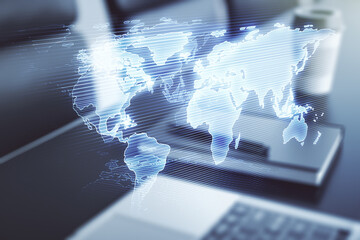 Poster - Multi exposure of abstract creative digital world map on laptop background, research and analytics concept