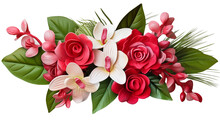 Beautiful Red And White Bouquet Of Orchid And Rose Flowers With Fresh Tropical Leaves Isolated On Transparent Background. Perfect For Wedding Invitations, And Decoration. Generative AI