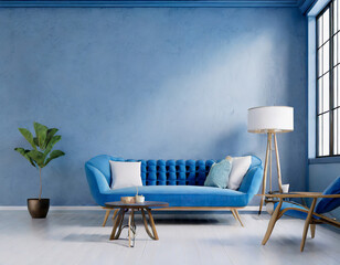 Canvas Print - Loft and vintage interior of living room, Blue sofa on white flooring and blue wall ,3d rendering