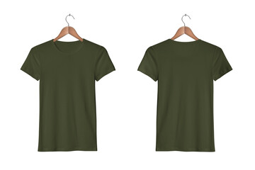 Wall Mural - Women's Casual Slim Fit Short Sleeve Military Green Tight T-Shirts on a Classic Wooden Hanger