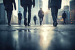 © barmaleeva - Group of businessmen are walking. Blurred city building background . AI generated