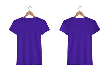 Wall Mural - Women's Casual Slim Fit Short Sleeve Purple Tight T-Shirts on a Classic Wooden Hanger