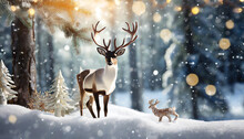 Elegant Reindeer Against Snowy Winter Forest Background Holiday Christmas And New Year Greeting Card Concept