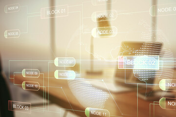 Poster - Double exposure of abstract programming language with world map on laptop background, research and development concept