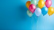bright colored balloons, balloon bouquet, minimalistic pastel blue tone background, plain colored banner. generative AI