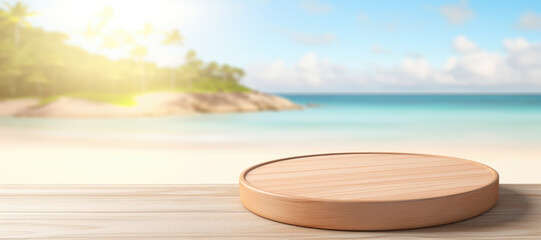 Wooden round podium on wooden table over tropical beach background.