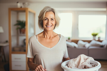 A cheerful and confident senior woman takes care of housework, happily doing laundry at home, showcasing her warm smile.