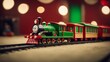 steam locomotive  A toy train that circles on a round track on a carpeted floor. The train is red and green  