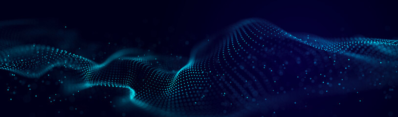 Poster - Abstract background grid. Data stream. Futuristic blue particle wave. 3d rendering.