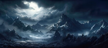 A Chilling Dark Fantasy Landscape That Unfolds Under The Moon's Eerie Glow, With Towering Mountains And An Otherworldly, Magical Ambiance That Sets A Sinister And Beautiful Scene.