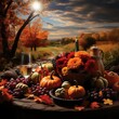 A whimsical and heartwarming Thanksgiving scene, with a cornucopia overflowing with food, a plump turkey