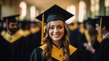 Wall Mural - Smiling young female and graduation, diploma and celebration, university education with success and event. Graduate, certificate and happy student person with future and academic. Generative AI