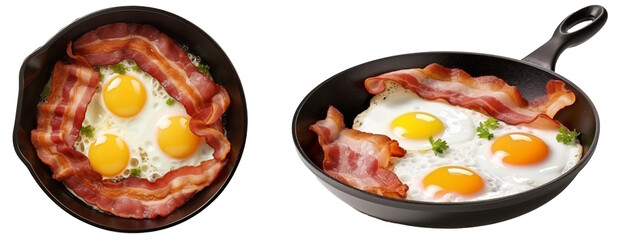 Wall Mural - Bundle of two pans with fried eggs and bacon (side and top view) isolated on white background