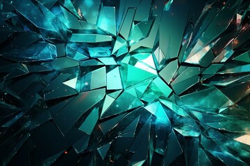 Wall Mural - Abstract banner of shattered glass in vibrant teal and blue hues, reflecting light. Futuristic 3D rendering with space for text. Generative AI