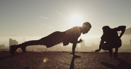 Poster - Fitness silhouette, workout with athlete and personal trainer, motivation and exercise outdoor at sunrise, healthy and active in Cape Town street. Push up, strong and muscle, coach and men training.