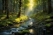 Sunlit forest with flowing stream. Generative AI