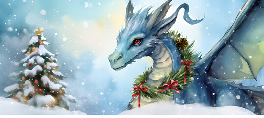 Watercolor illustration of dragon on Christmas background, according to the Chinese calendar, New Year 2024 is under the auspices of the Dragon.