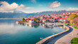 impressive spring cityscape of pogradec town beautiful outdoor scene of ohrid lake superb morning view of albania europe traveling concept background