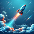 Vector design featuring a 3D low-poly rocket soaring upwards on a gradient blue background, surrounded by wisps of digital exhaust