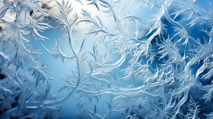 Macro shot of frosty blue leaves with shallow depth of field. Shallow depth of field. Blue background. Generative AI technology.