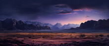 Illustration Of A Dry Desert Mountain Area In A Moody Purple Night Sky