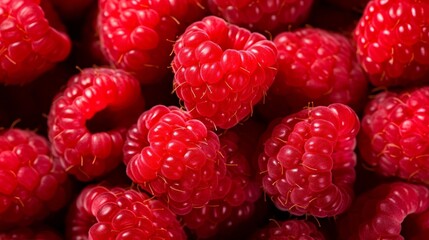 Wall Mural - A background composed of fresh, juicy, and ripe raspberries, captured in striking macro photography with a shallow depth of field.