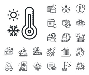Poster - Winter snowflake, sun sign. Plane jet, travel map and baggage claim outline icons. Weather thermometer line icon. Temperature symbol. Weather thermometer line sign. Vector