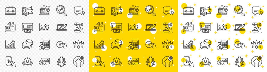 Wall Mural - Outline Portfolio, Investment and Graph chart line icons pack for web with Finance calculator, Analytics, Receive money line icon. Statistic, Deal, Sales diagram pictogram icon. Card. Vector