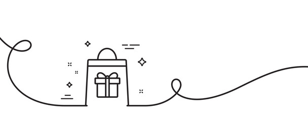 Aufkleber - Shopping bag with Gift box line icon. Continuous one line with curl. Present or Sale sign. Birthday Shopping symbol. Package in Gift Wrap. Holidays shopping single outline ribbon. Vector