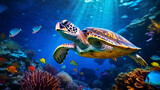 Fototapeta Do akwarium - illustration of a sea turtle near the reefs