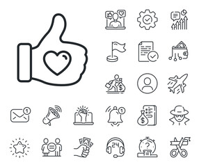 Thumbs up finger sign. Salaryman, gender equality and alert bell outline icons. Like hand line icon. Brand ambassador gesture symbol. Like hand line sign. Spy or profile placeholder icon. Vector