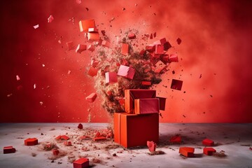 Wall Mural - Exploding presents from crimson box on blank backdrop. Generative AI