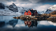  Tranquillo Paesaggio Simmetrico Con Una Casetta Rossa In Stile Norvegese Su Un Lago, Lunga Esposizione