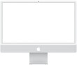 Realistic mockups of the new iMac 24 inch blank screen monoblock  personal computer made by Apple Computers, transparent screen, silver color on an isolated white background. Apple iMac 24