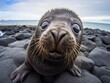 Close-up of a seal's face looking at the camera. An animal in a natural environment. Natural background. Illustration for cover, postcard, interior design, banner, brochure, etc.